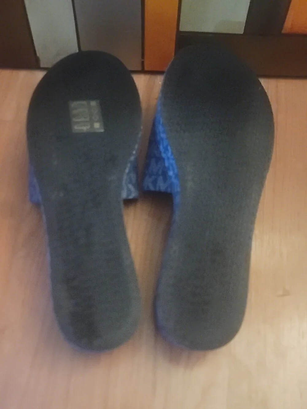 Michael Kors Denim Jacquard Sadler Wedge MK Logo Slide Sandals